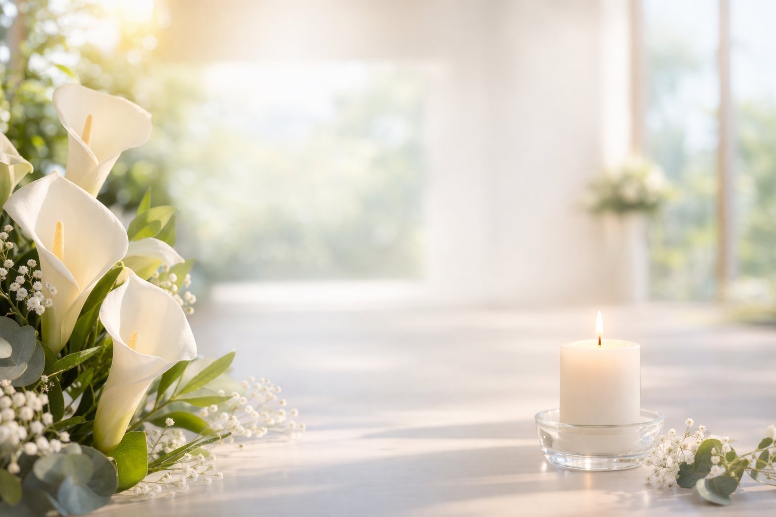 White flowers and candle on windowsill with bright natural light from window in background